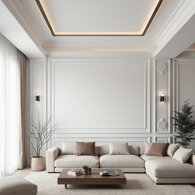 Mẫu phào chỉ gỗ công nghiệp MDF phòng khách hiện đại màu trắng