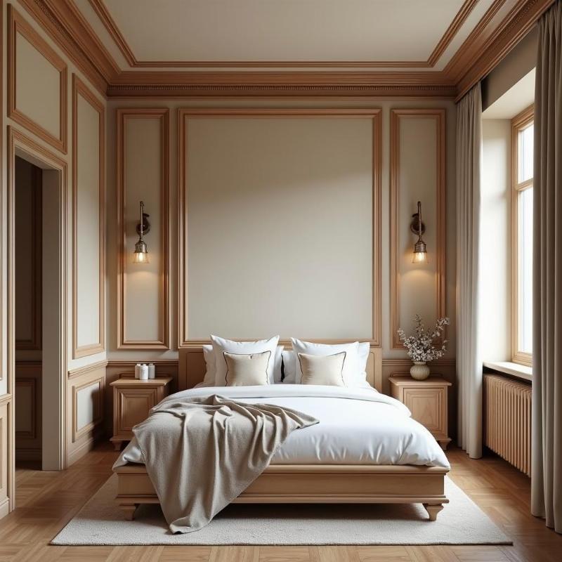 Mẫu phào chỉ gỗ tự nhiên màu nâu vàng trang trí tường phòng ngủ phong cách tân cổ điển