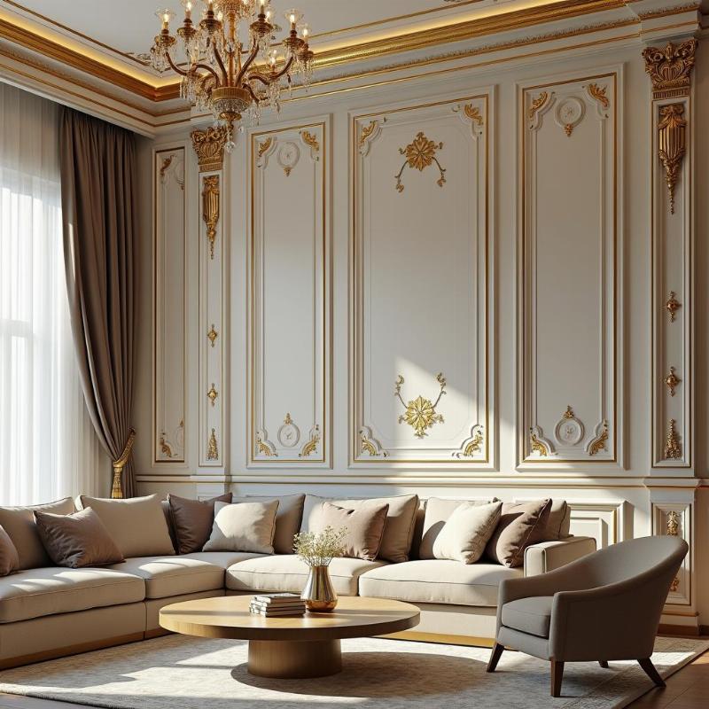 mẫu phào chỉ pu dát vàng hoa văn cổ điển sang trọng cho phòng khách