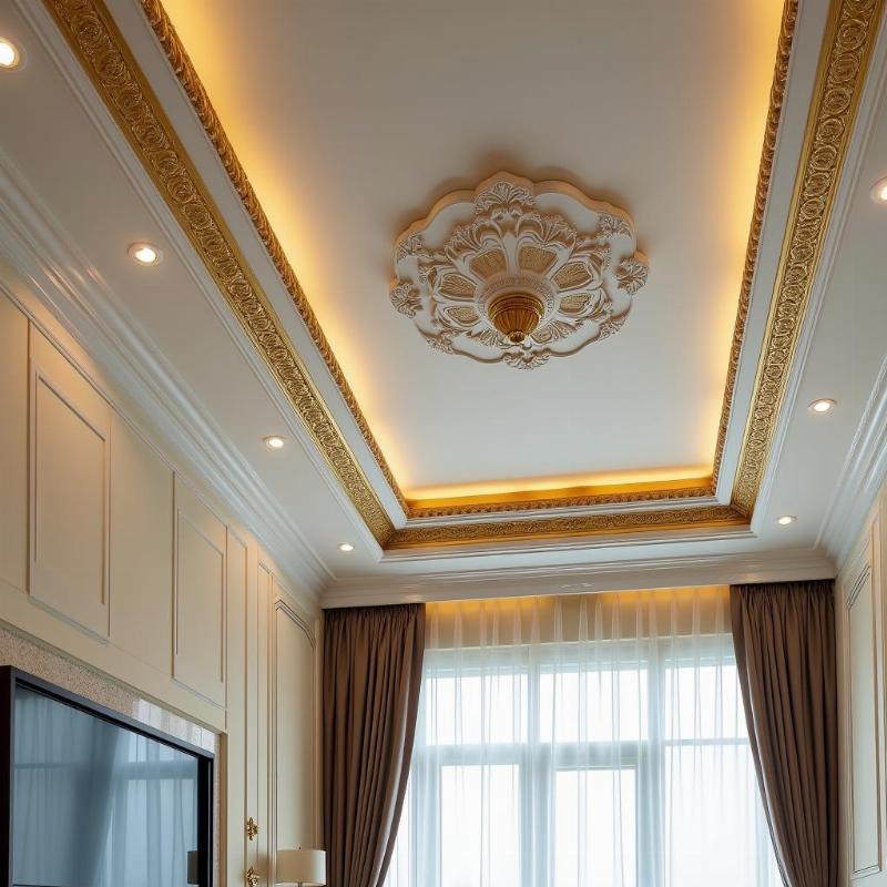 mẫu phào chỉ pu dát vàng trần nhà đẹp cho biệt thự