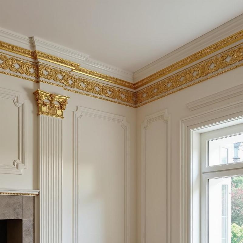 Mẫu phào chỉ thạch cao cổ điển với hoa văn dát vàng tinh xảo, tạo điểm nhấn sang trọng cho phòng khách