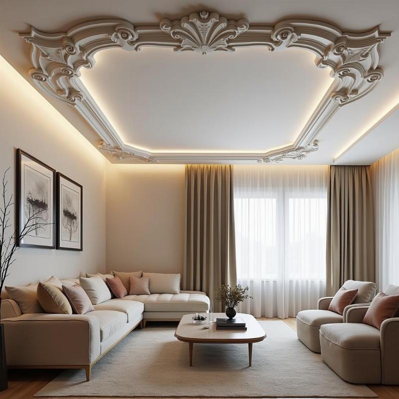 Mẫu phào chỉ thạch cao trang trí trần nhà phòng khách với thiết kế độc đáo, thu hút mọi ánh nhìn