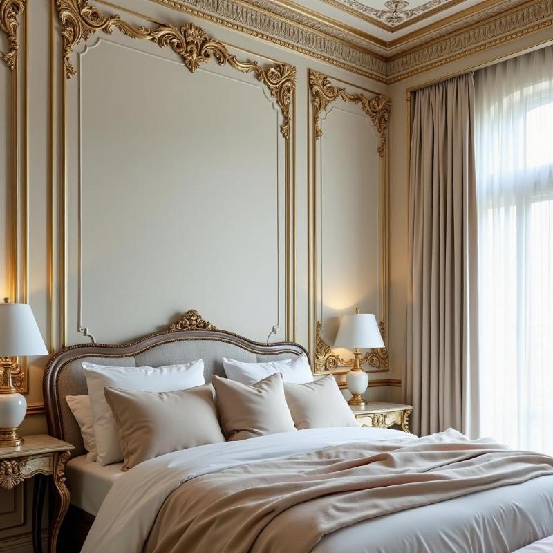 Phào chỉ dát vàng hoa văn trang trí tường phòng ngủ tân cổ điển
