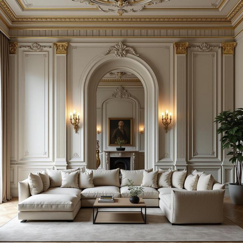 phao chỉ xi măng cổ điển châu âu dát vàng phòng khách