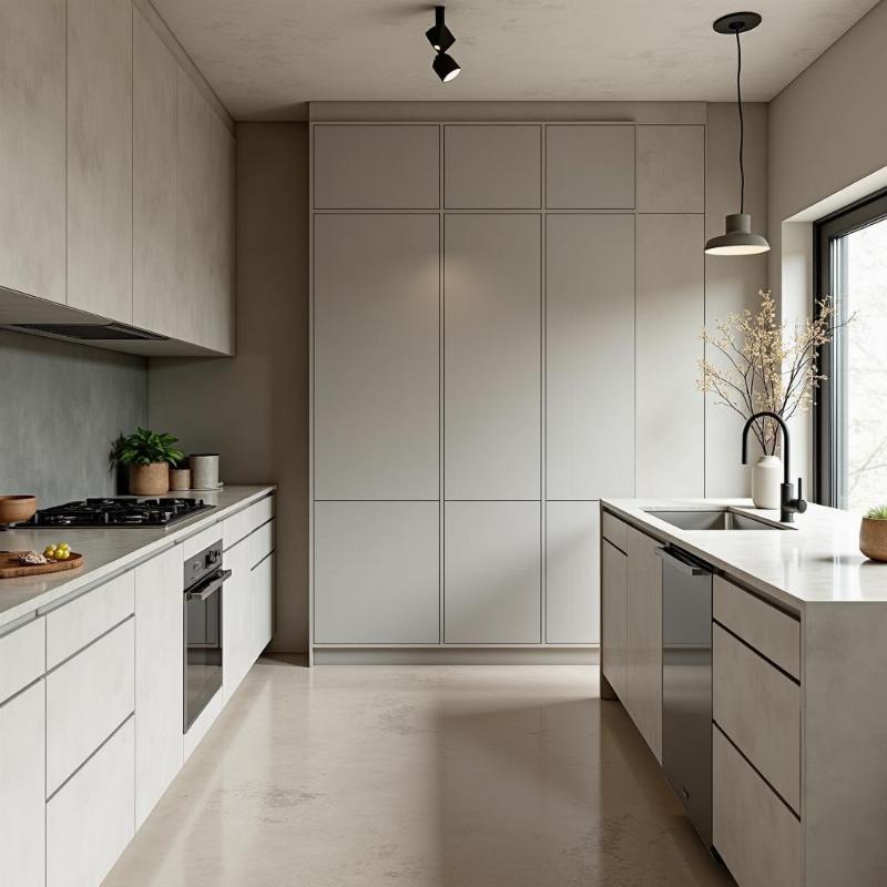 phao chỉ xi măng tối giản cho bếp hiện đại