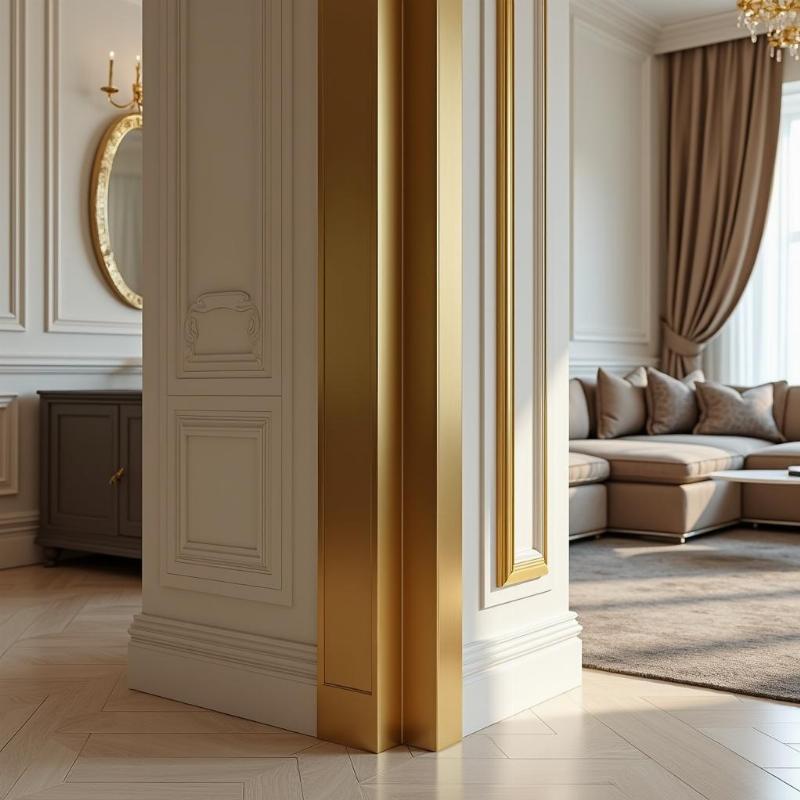 Phào chỉ nhôm chữ L màu vàng gold, bo góc tường phòng khách sang trọng