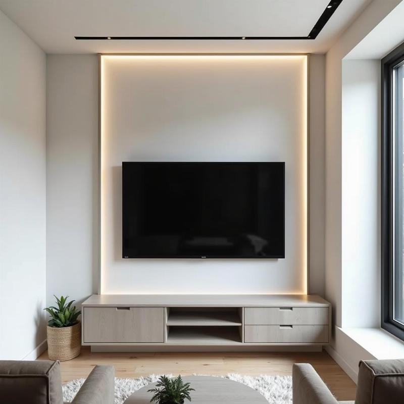 Phào chỉ nhôm ốp tường TV phòng khách, thiết kế đơn giản, hiện đại