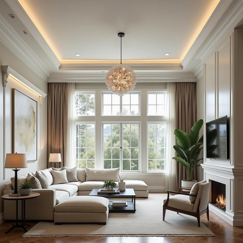 Phào chỉ PU trần nhà cho phòng khách có chiều cao lớn